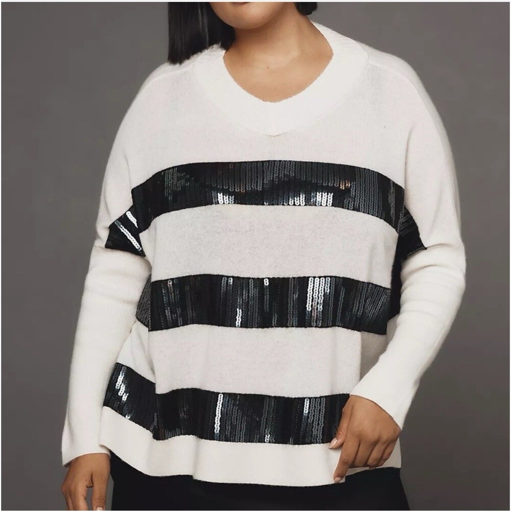 Anthropologie Maeve Cashmere Sequin Sweater White Black Size 3X